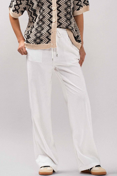 Urban Daizy-Wide-Leg Drawstring Linen-Blend Pants: White (FINAL SALE)-Pink Dot Styles