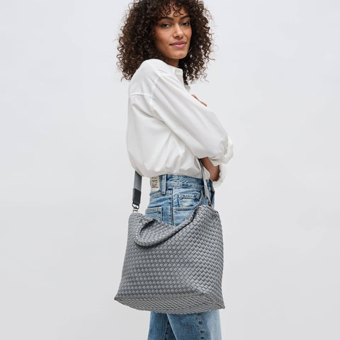 Sol and Selene-Sky's The Limit Medium Woven Neoprene Tote: Fog-Pink Dot Styles