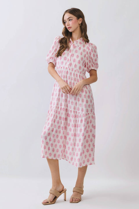 TCEC-Floral Print Puff Sleeve Tiered Midi Dress: Pink-Pink Dot Styles