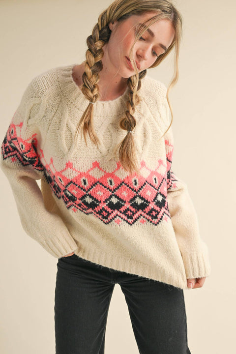 Fair Isle Sweater: Ivory & Pink