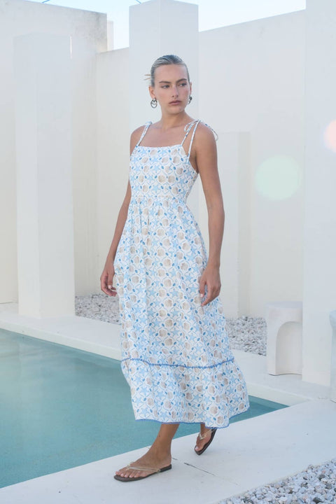 Ivory Seashell Print Tie Strap Midi Dress