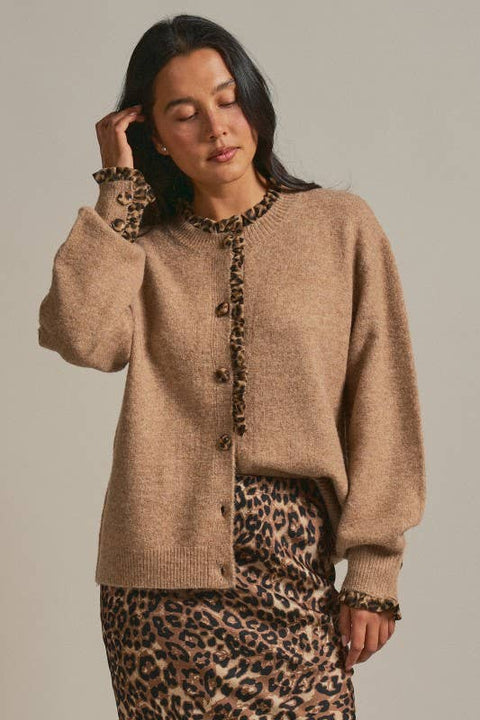 Leopard Ruffle Trim Knit Cardigan: Camel