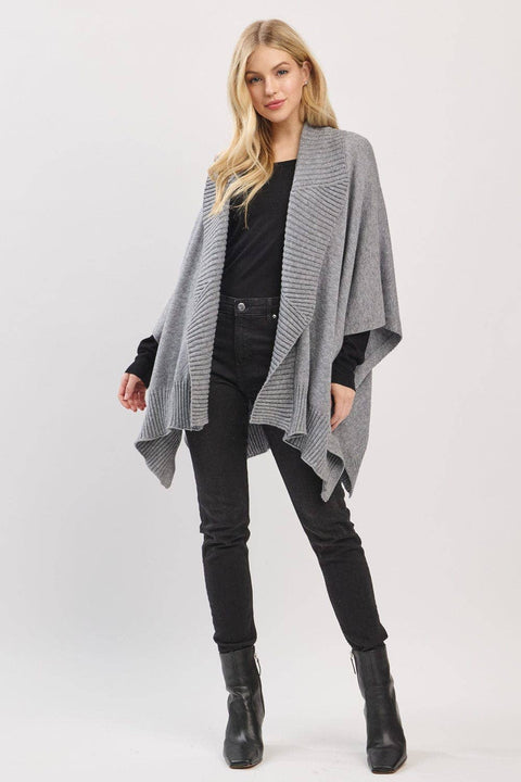 MS0455 Soft Knit Open Front Shawl With Ribbed Trim: Gray