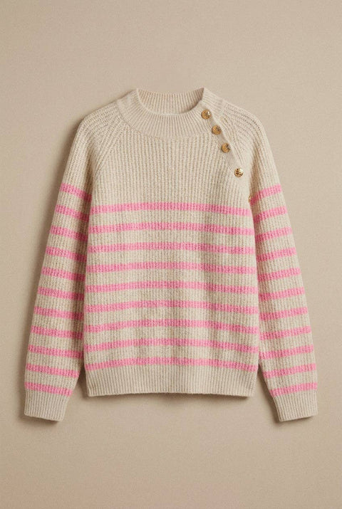 Striped Mock Neck Sweater with Gold Buttons: Pink Beige