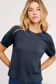 La Miel-Soft Puffy Sleeve Basic Stretchy Knit Top: Midnight Blue-Pink Dot Styles