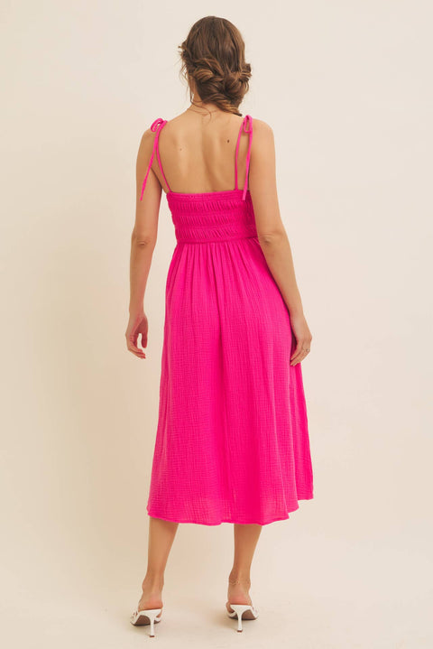 in february-VIBRANT SUMMER COTTON GAUZE SMOCKED MIDI DRESS WITH TIE STRA: HOT PINK / L-Pink Dot Styles