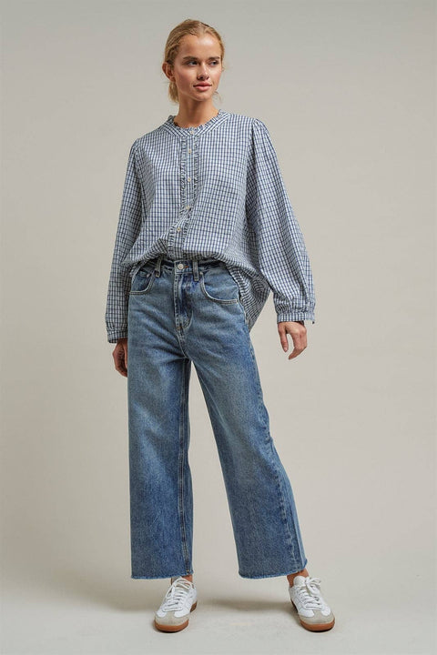 Navy Windowpane Check Ruffle Placket Cotton Blouse