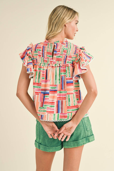 &MERCI-Multi Color Smocked Ruffle Trim Top-Pink Dot Styles