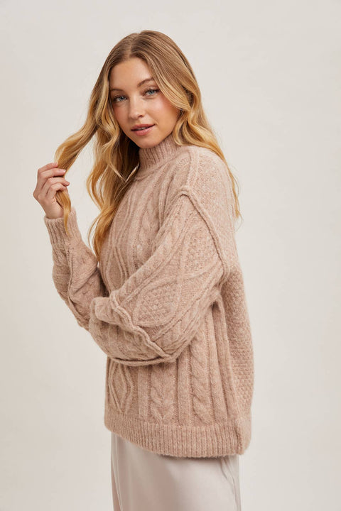 Turtleneck Cable Knit Sweater: Latte