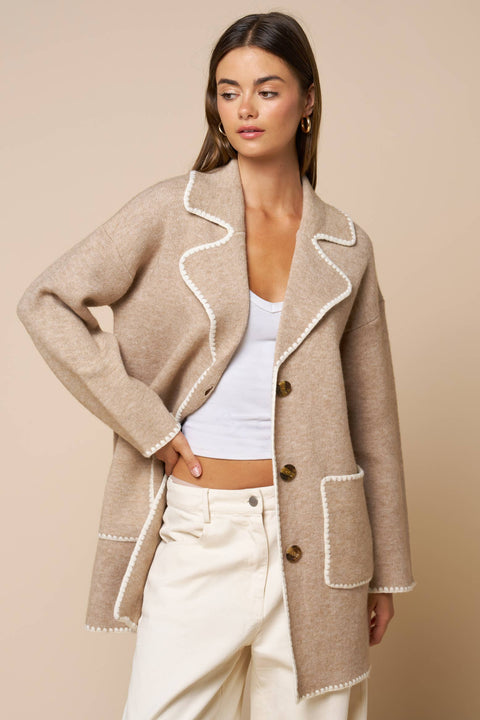 Contrast Trim Button Front Coat: Taupe