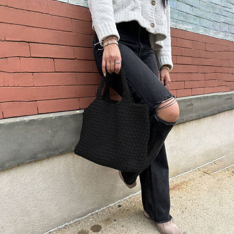 AHDORNED-Lily Woven Neoprene Tote with Pouch: NAVY/ECRU-Pink Dot Styles