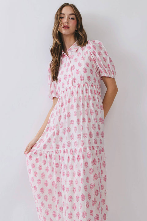 TCEC-Floral Print Puff Sleeve Tiered Midi Dress: Pink-Pink Dot Styles