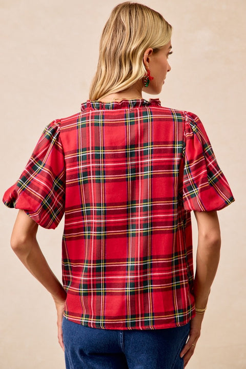 Tartan Short Sleeves Ruffled Blouse