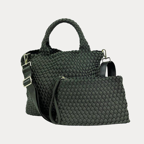 AHDORNED-Lily Woven Neoprene Tote with Pouch: NAVY/ECRU-Pink Dot Styles