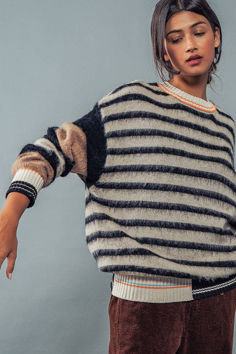 Urban Daizy-Striped Fuzzy Pullover : Multi / S-2/M-2/L-2-Pink Dot Styles