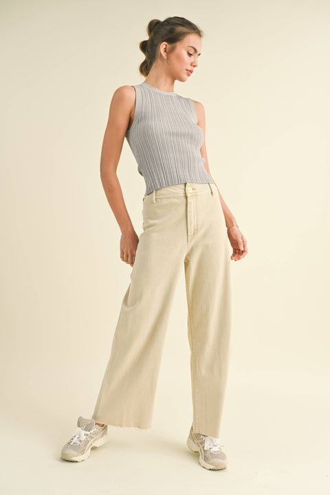 MIOU MUSE-Beige Wide Leg Pants-Pink Dot Styles