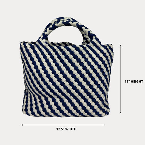 AHDORNED-Lily Woven Neoprene Tote with Pouch: NAVY/ECRU-Pink Dot Styles