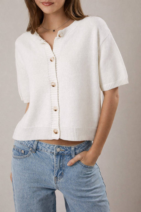 LE LIS-White Short Sleeve Cardigan-Pink Dot Styles