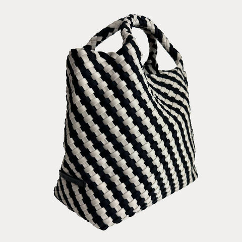 AHDORNED-Lily Woven Neoprene Tote with Pouch: NAVY/ECRU-Pink Dot Styles