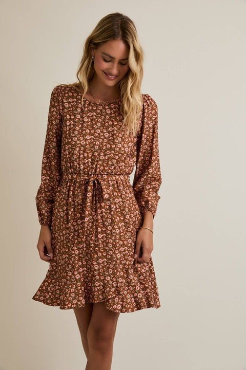 GILLI-Mocha Taupe Floral Dress-Pink Dot Styles