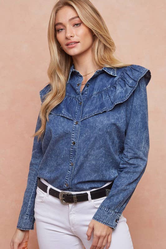 トップス DEAR DANSKIN STRETCH RUFFLE SHIRTS L トップス DEAR DANSKIN STRETCH RUFFLE SHIRTS L トップス DEAR