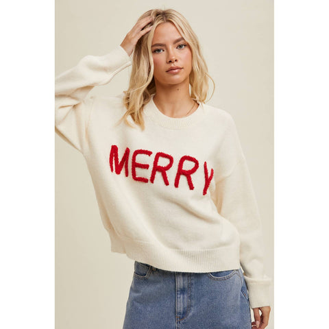 Wishlist Apparel-'MERRY' FLUFFY PATCH SWEATER / WL25-11921: CREAM/RED / L-Pink Dot Styles