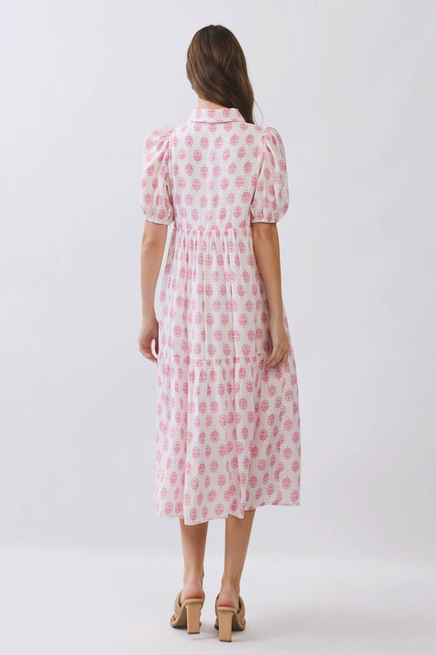 TCEC-Floral Print Puff Sleeve Tiered Midi Dress: Pink-Pink Dot Styles
