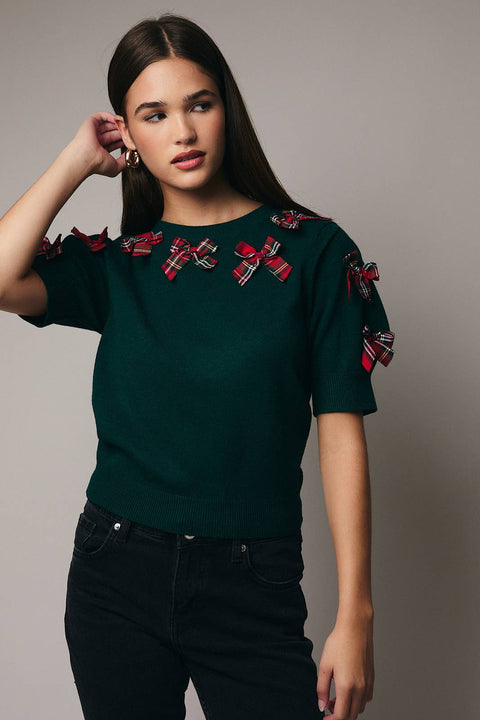 Green Sweater with Mini Tartan Bows