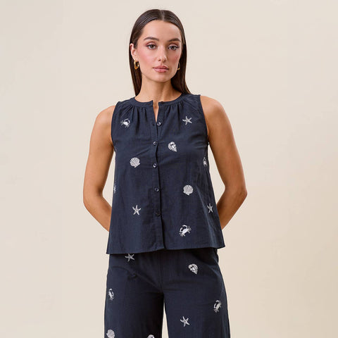 Embroidered Sea Life Sleeveless Top: Navy