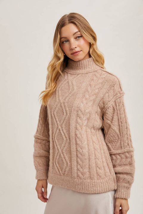 Turtleneck Cable Knit Sweater: Latte