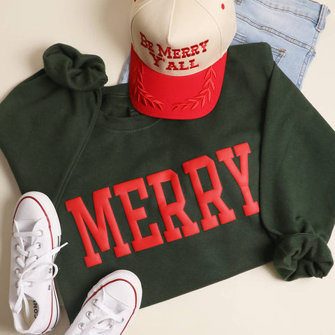 MERRY Puff Raised Letter Heavyweight Sweatshirt: WHITE