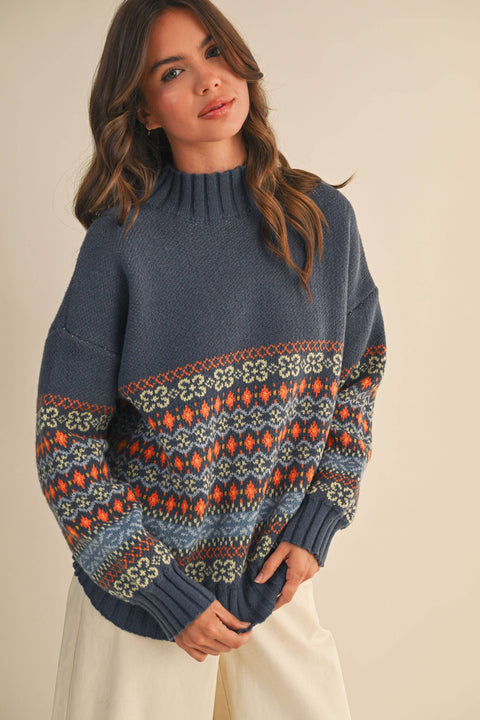 Contrast Stripe Mock Neck Sweater