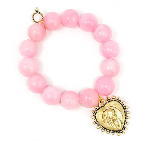 PowerBeads by jen-Bubblegum Pink Agate with Gold Heart Blessed Mother: Average 7"-Pink Dot Styles