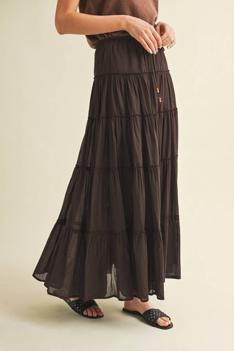 Mustard Seed-Beaded Drawstring Tiered Maxi Skirt: Chocolate-Pink Dot Styles