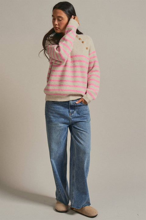 Striped Mock Neck Sweater with Gold Buttons: Pink Beige