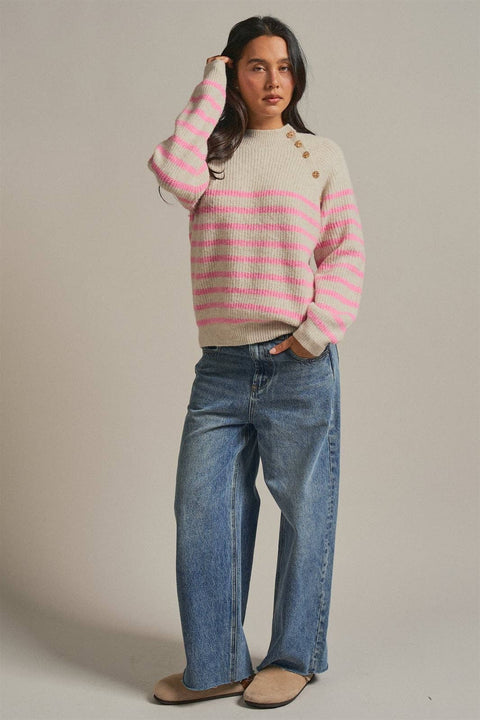Striped Mock Neck Sweater with Gold Buttons: Pink Beige
