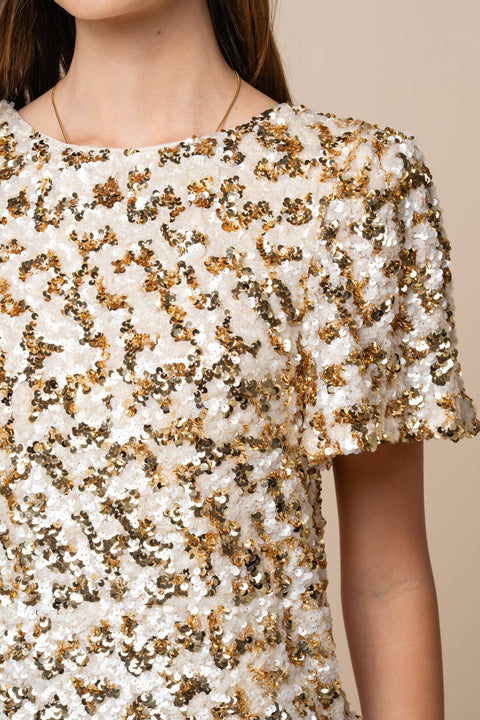 Sequin Puff Sleeve Shift Mini Dress: Gold