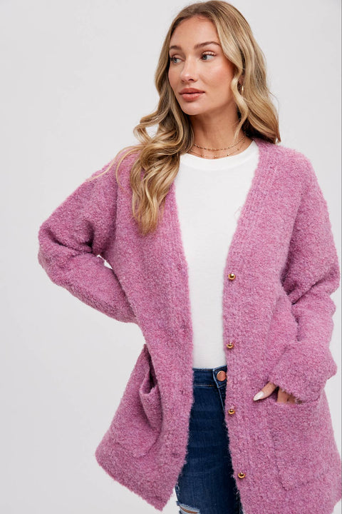 Bluivy-Silver Button Boucle Cardigan: Oatmeal-Pink Dot Styles