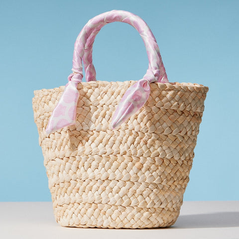 Frem-Shell Raffia Bag with Scarf Handles-Pink Dot Styles