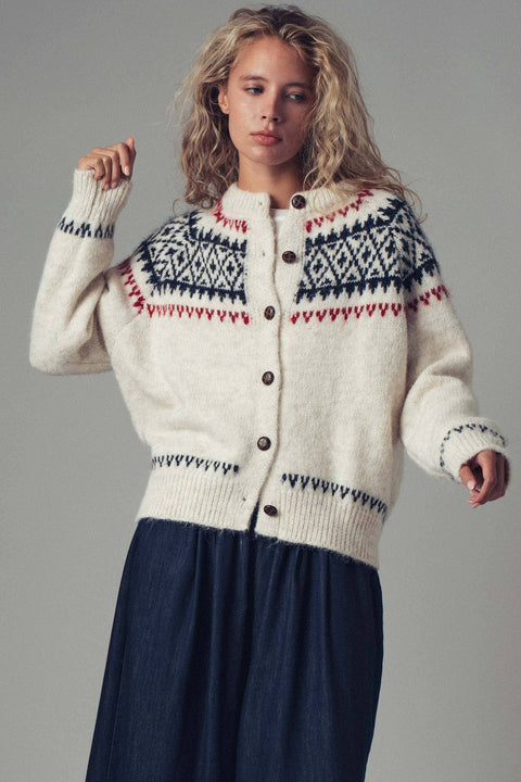 Fair Isle Nordic Toggle Knit Cardigan: Ivory