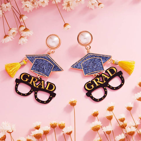 Enamel Tassel Grad Hat Glasses Pearl Dangle Earrings