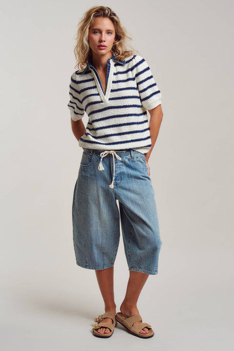 Denim Collar Striped Textured Knit Polo