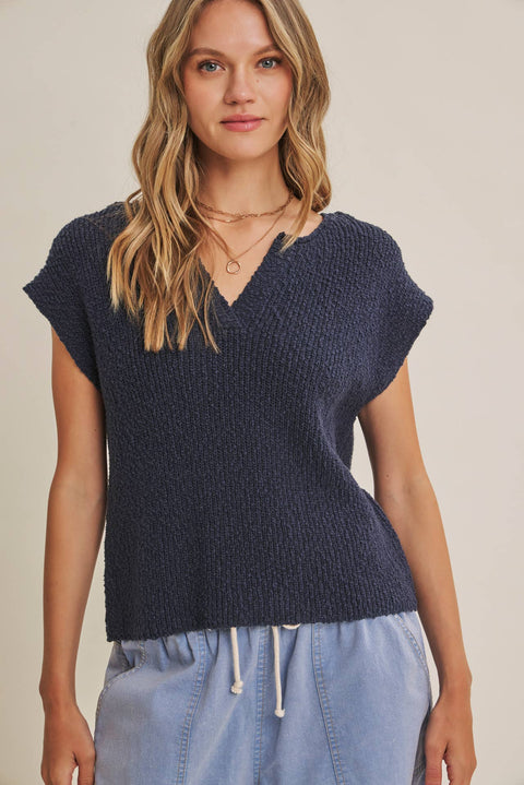 Relaxed Fit Cotton Slub Top: Navy