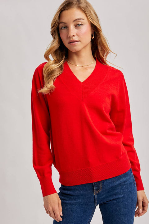 Ribbed V-Neck Knit Sweater: Ruby Red