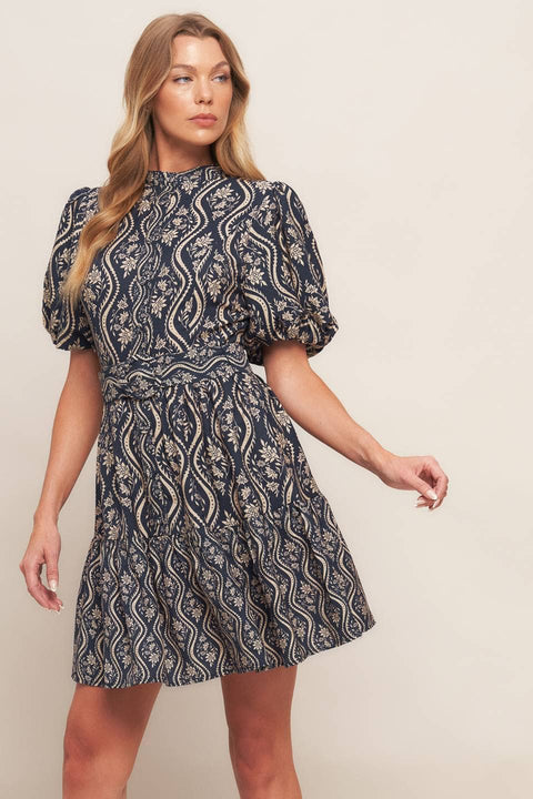 FLYING TOMATO-A printed woven mini dress - ID22812: NAVY / Contemporary / S-Pink Dot Styles