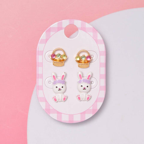 Enamel Easter Basket & Bunny Figure Stud Earring Set