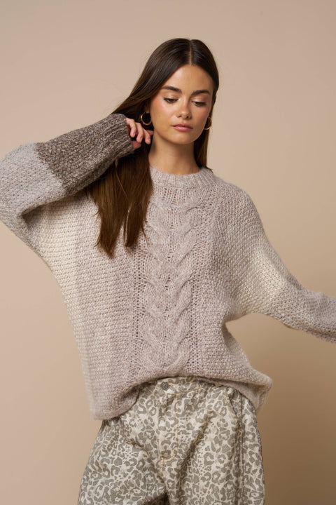 Lalavon-Color Block Cable Knit Sweater: TAUPE / M-Pink Dot Styles