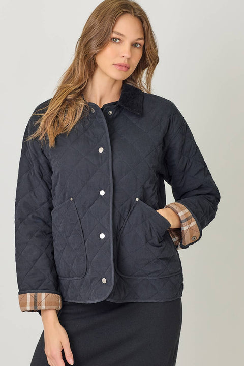 Mystree-60188 Contrast Quilted Jacket: Black / Medium-Pink Dot Styles