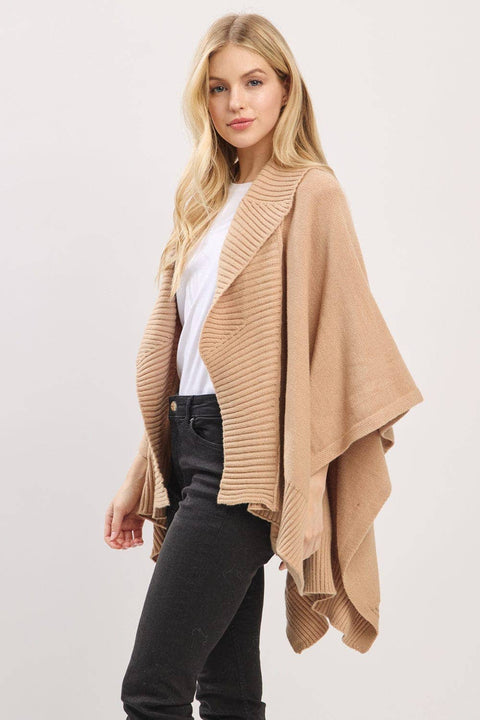 MS0455 Soft Knit Open Front Shawl With Ribbed Trim: Ivory