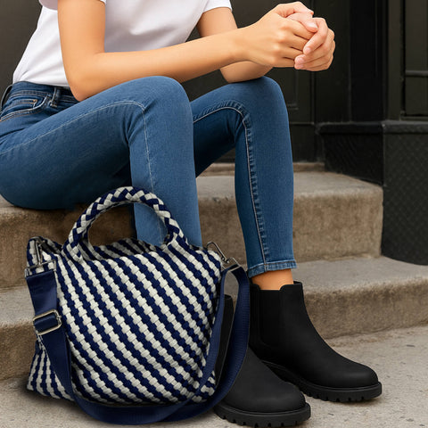 AHDORNED-Lily Woven Neoprene Tote with Pouch: NAVY/ECRU-Pink Dot Styles